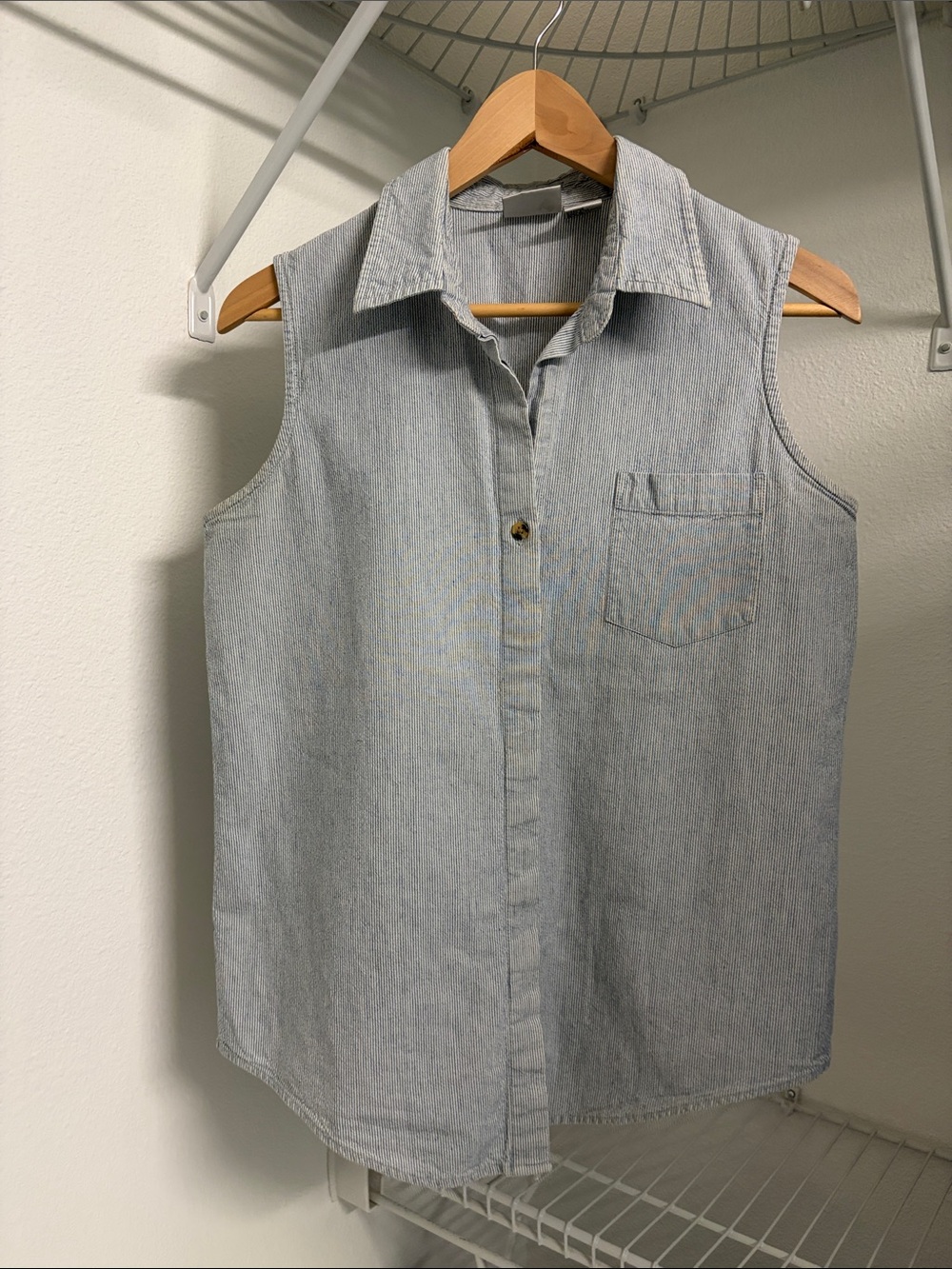 Sleeveless Light Blue Denim Button-Front Shirt